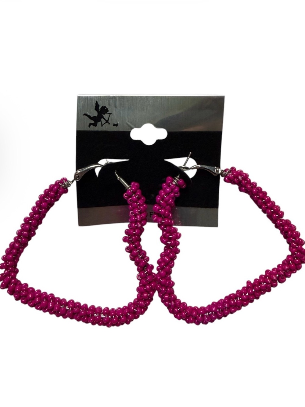 Pink Metal Bead Chained Heart Dangle Earrings